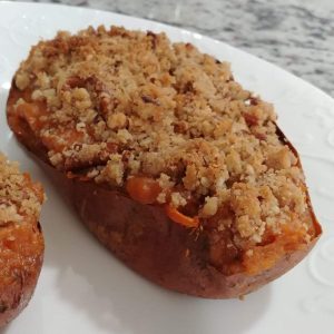 twice baked sweet potatoes with a brown sugar pecan crumble