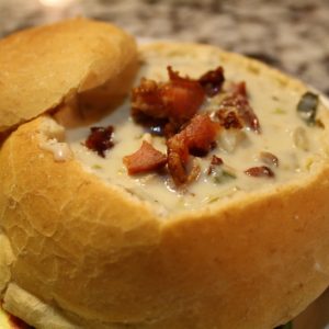 smoky clam chowder with bacon crumbles